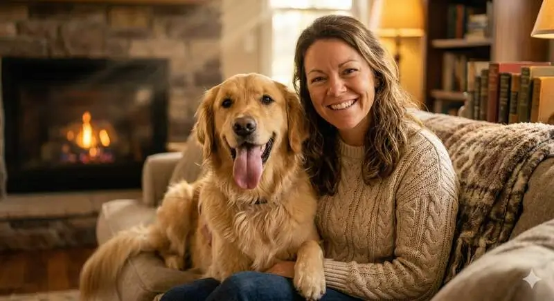 Happy dog owner relaxing at home with golden retriever