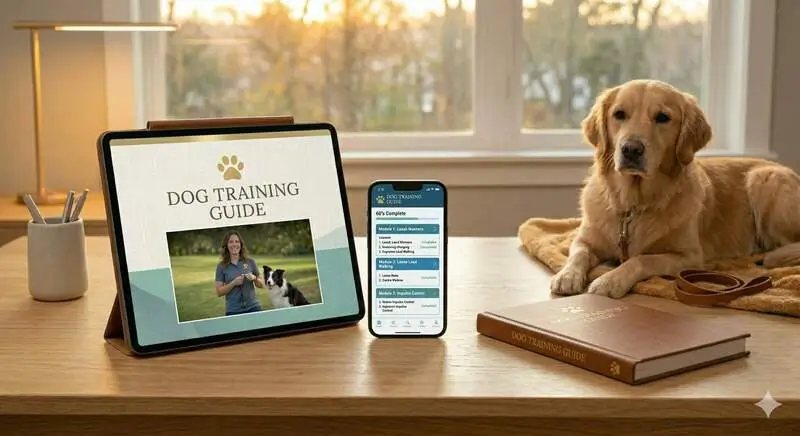 Dog training course on tablet and phone with golden retriever