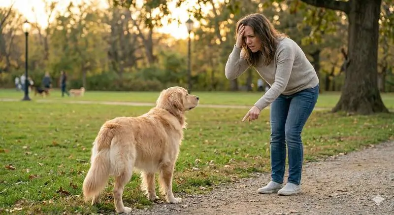 Frustrated owner pointing at dog that is ignoring commands in park