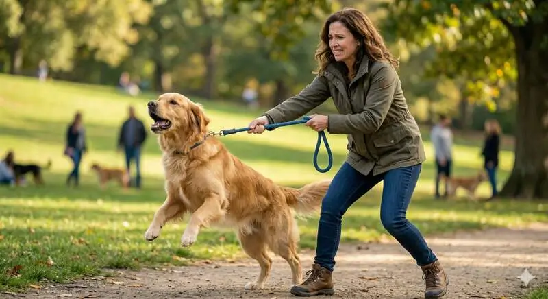 Frustrated owner struggling with dog pulling on leash in park
